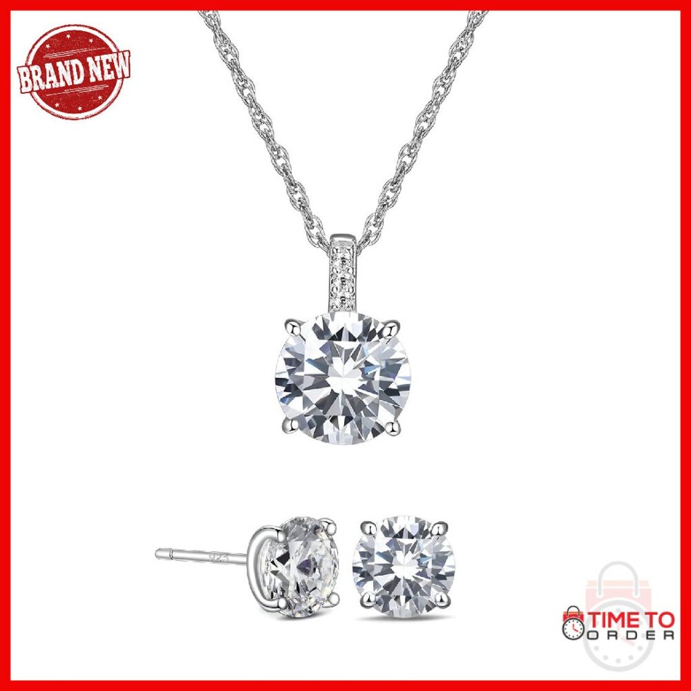 Sterling Silver Cz Necklace Earrings Set 7 Ctw Bridal Jewelry Gift